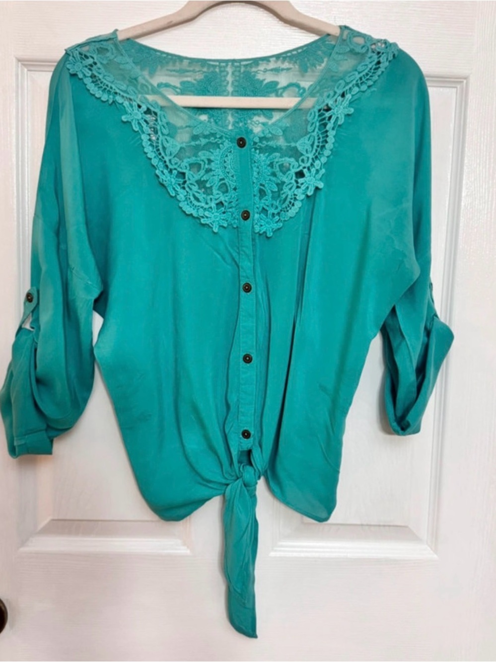 Charlotte Russe Turquoise Lace-Trim Button Front Tie Blouse